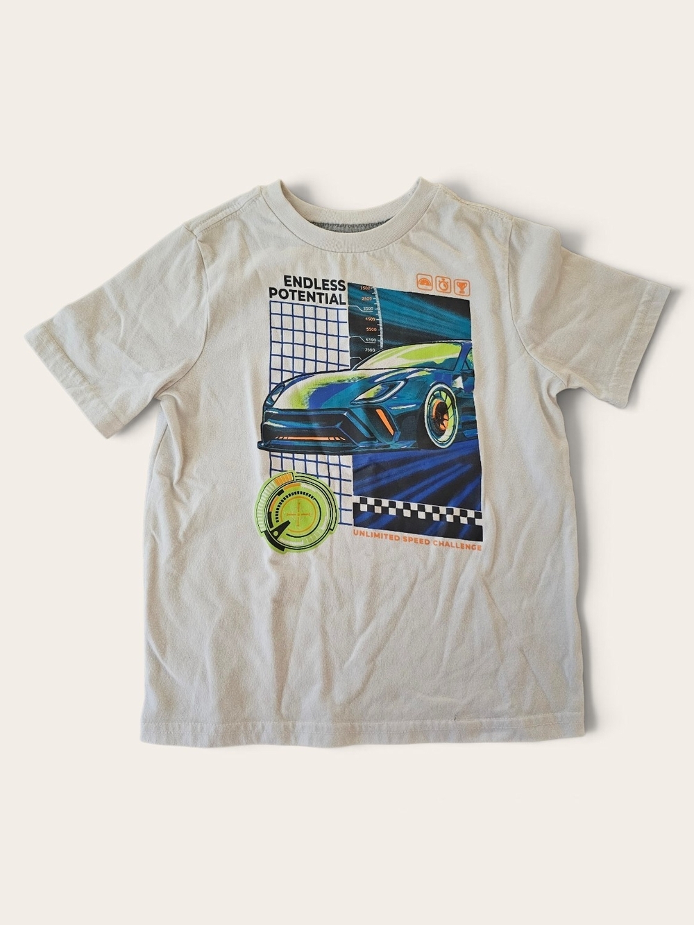 White Tee with Blue and Green Race Car Graphic